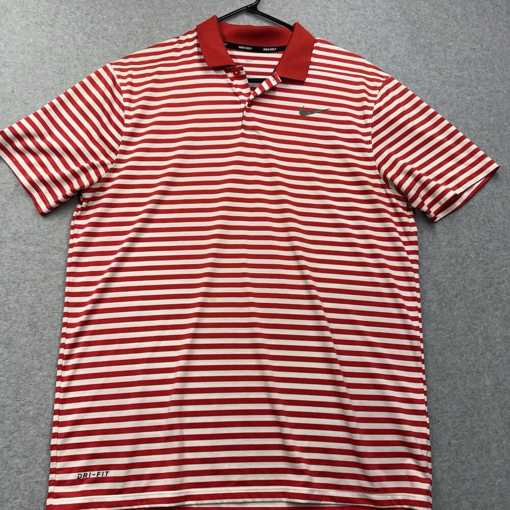 Nike Golf Dri-FIT Men's M Red White Striped Short Sleeve Polo Shirt